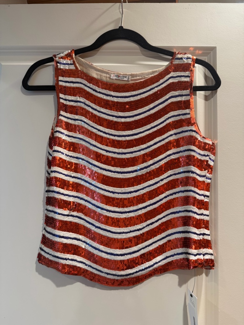 Saint Laurent Red, White & Navy Striped Sequin Tank